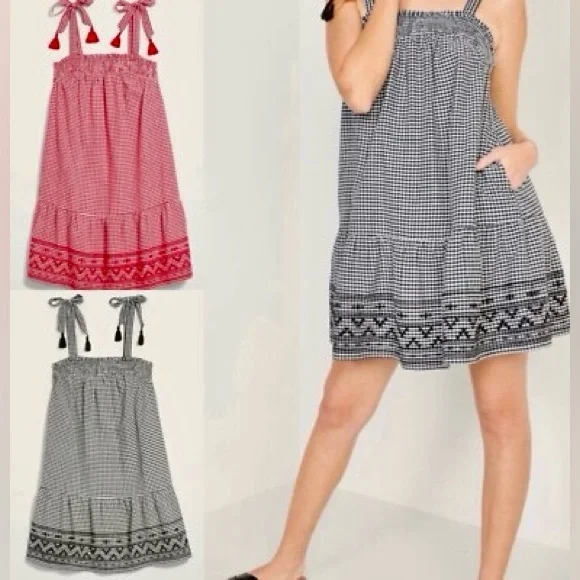 OLD NAVY Smocked Embroidered Tiered Red White Gingham Plaid Mini Dress w Pockets - Picture 14 of 14